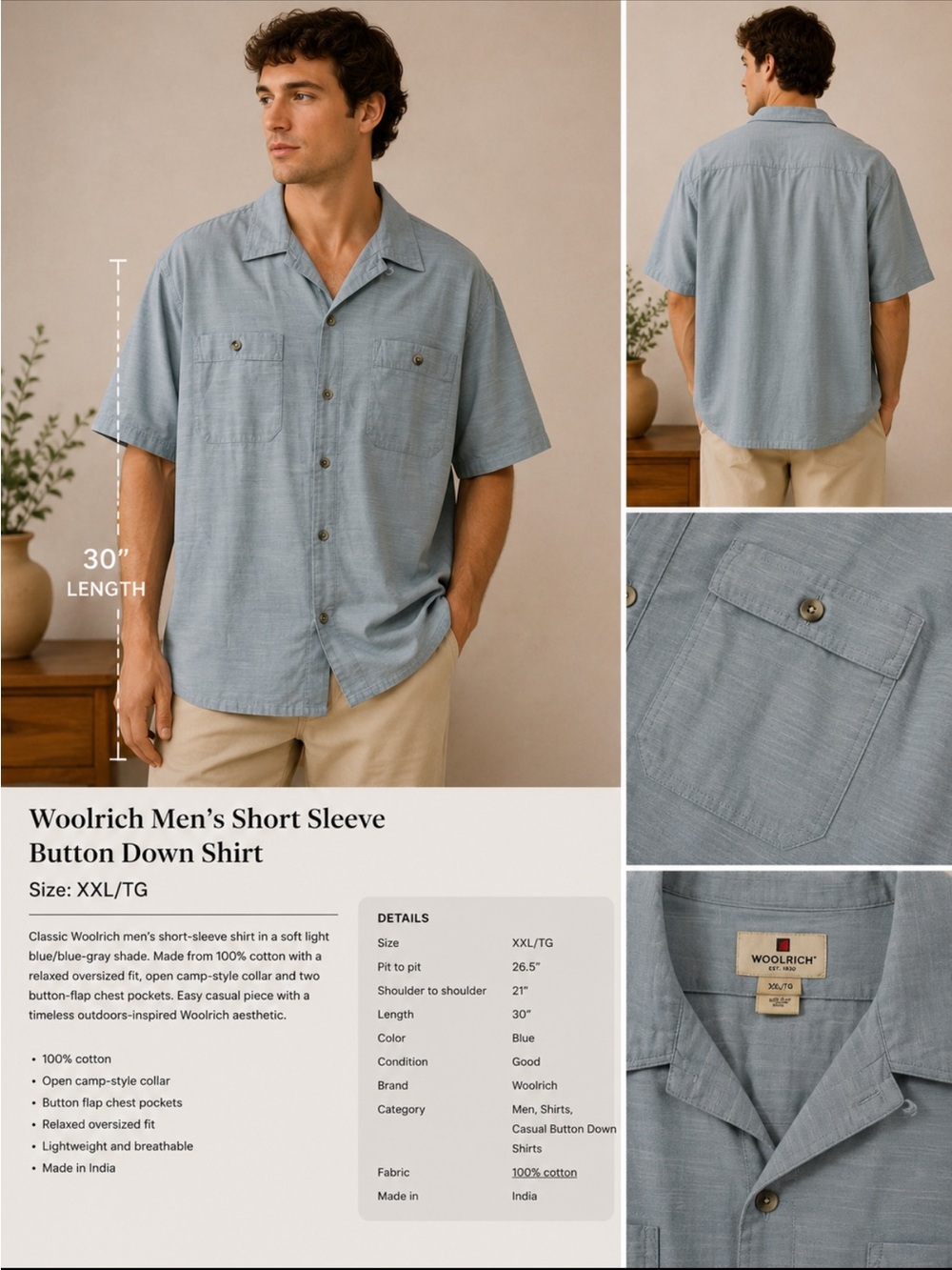 Woolrich Men’s 100% Cotton Camp Collar Shirt XXL Blue Relaxed Fit